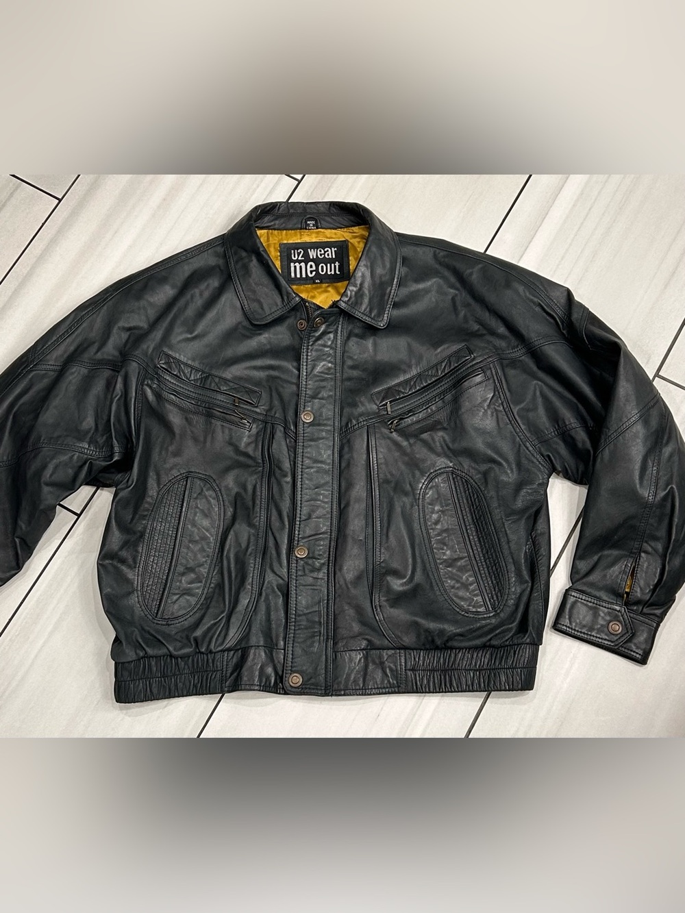 U2 Wear Me Out Leather Black Bomber Jacket  Vintage 80’s Mens Size XL